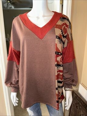 BiBi Rust Red and Mauve- almost Brownish Long Sleeve V-Neck Top with Aztec Panel